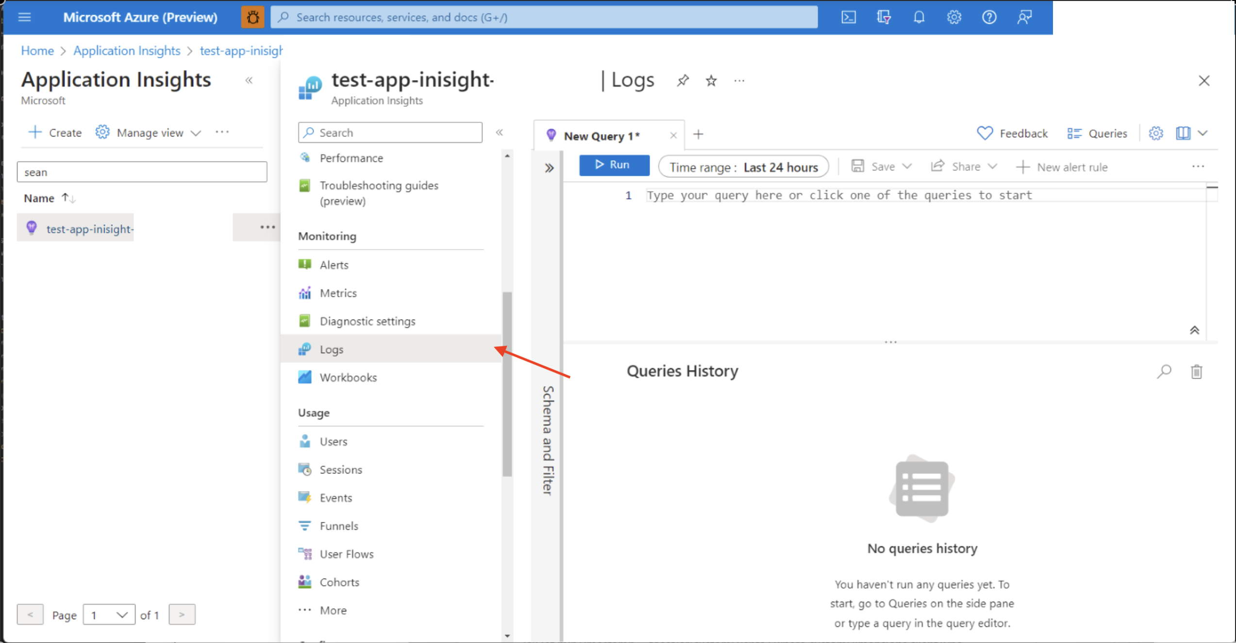 Logs on App Insights Portal